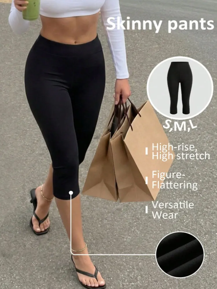 Womens Elegant Solid Black High Waist Capri Leggings Sexy Elastic Slim Breathable Bottom Four Seasons All Year Casual Sweatpants