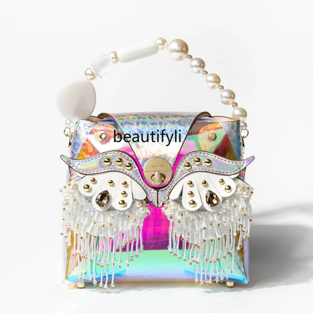 yj Colorful Laser Gel Bag Niche Design Pearl Hand Bucket Bag