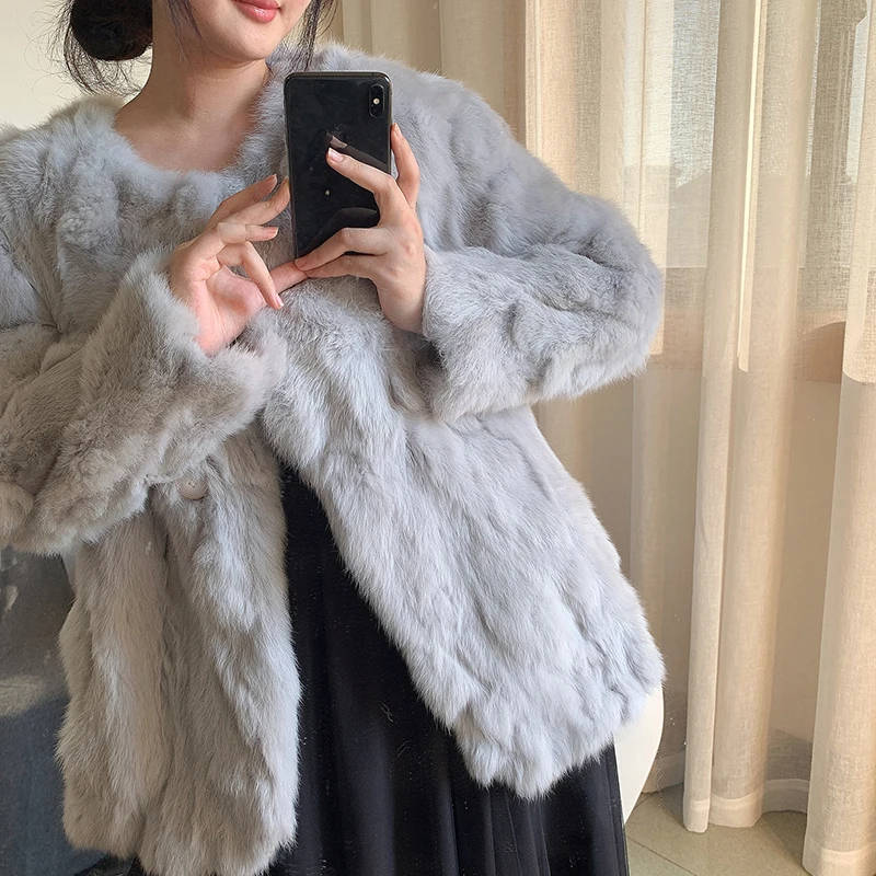 Real Fur Coat Women Round Neck Single-Breasted Warm Fashion Medium to Long Gray Rex Rabbit Fur Camperas Invierno 2023 De Mujer