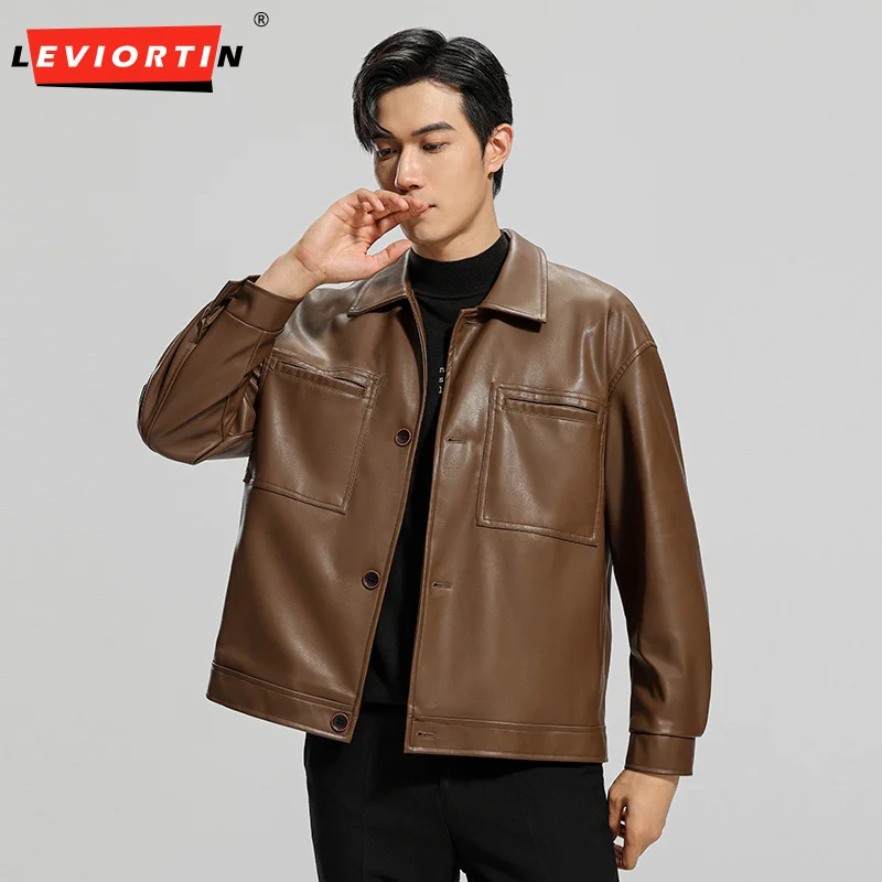 남성용 PU 가죽 재킷, 솔리드 라펠 지퍼 코트, 긴팔, 캐주얼 작업복, 워시 프리 오토바이 재킷, 스트리트웨어, 가을, 신상
