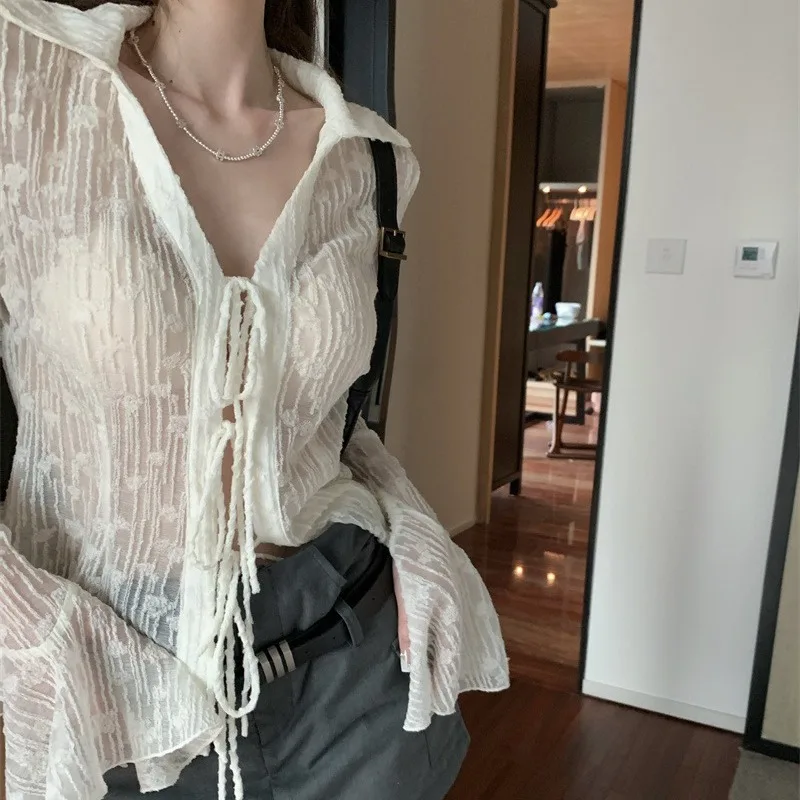 Y2K Long Sleeved Shirt Sunscreen Clothing Cardigan Female Summer Loose Fitting Mesh Yarn Sexy Thin Frenulum Pure Desire Hottie