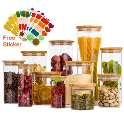 Transparent Glass Jars with Bamboo Cover, Kitchen Food Storage, Sealed Cans, Bottles, Spice Jars, Candy Box