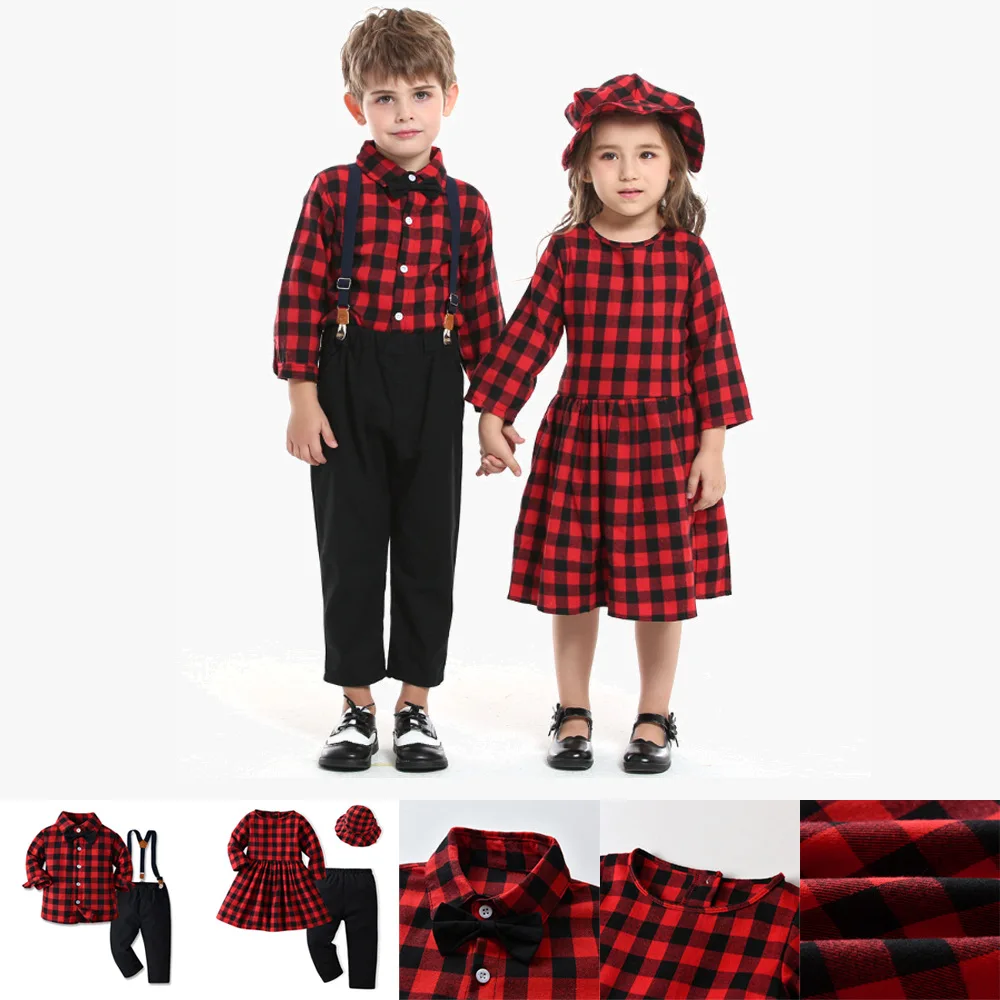 Christmas Children Suit Autumn Red Plaid Shirts+strappy Pant Kids Boys Formal Suit Baby Girl Long Sleeve Dress Hat Tights Outfit