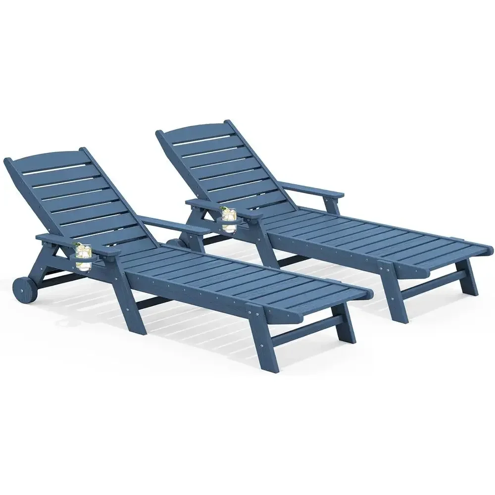 5-Position Adjustable Outdoor Chaise Lounge Chair Set, 78 Long, HDPE, Blue, with Rolling Wheels and Cup Holder