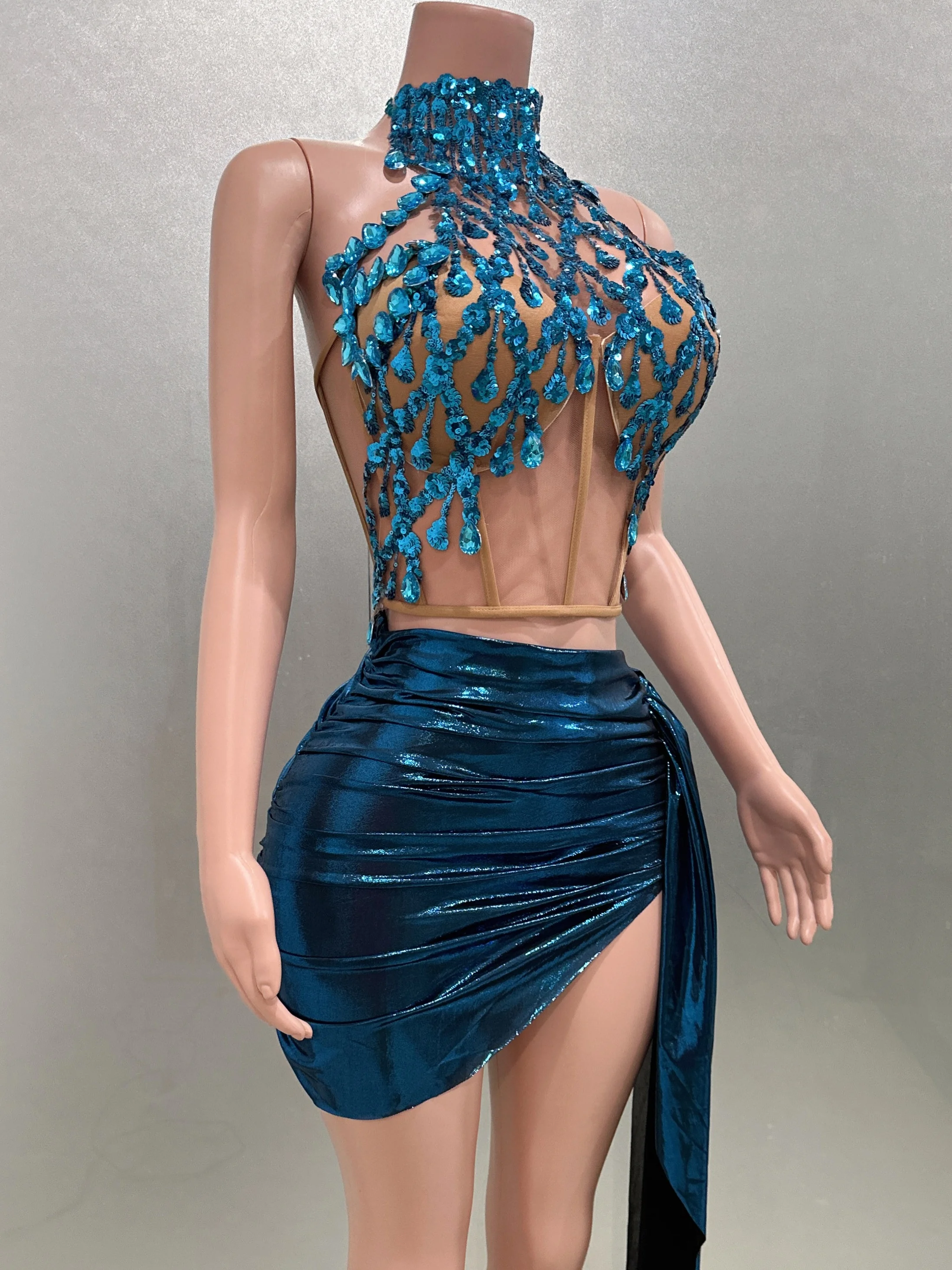 Lake Blue Rhinestone Sequine Sexy See-Through Tops Sheath 2 Piece Set Evening Party Dress Bar Nightclub Singer Dancer Stage Wear