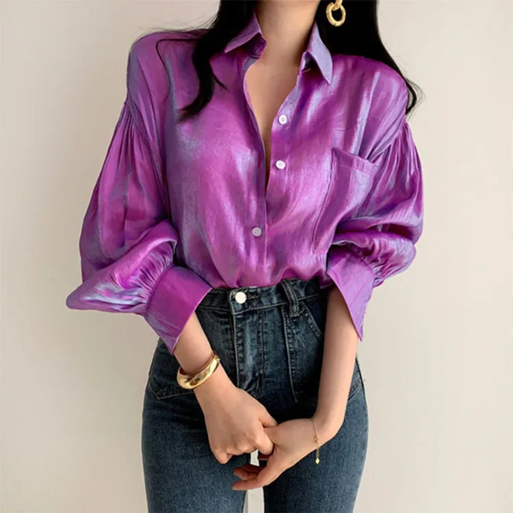 Women Blouses Shirts Purple Lantern Sleeve Shirt Y2k Tops Single Breasted Streetwear Sleeve Slim Autumn Spring Elegant Top Shirt