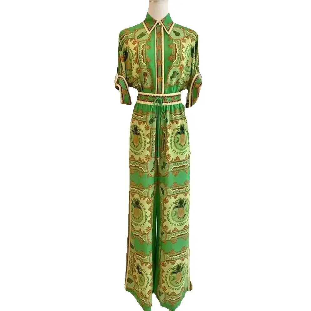 

，Australian Niche New Collection Printed Single Row Button Shirt Top Wide Leg Pants Women Summer 2025