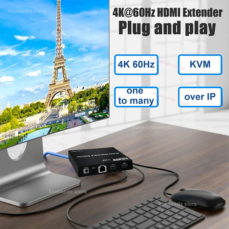 H.265 4K 60Hz HDMI KVM Extender over IP Rj45 CAT6 Cable 200M HDMI USB Video Extender Support 1 TX to Multi RX via Network Switch