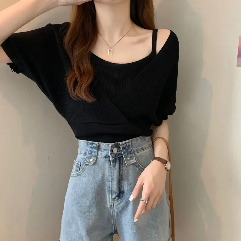 ZHUANQING Summer Fashion Solid Casual Vest Pullover camicetta da donna falso vestito a due pezzi manica corta Slim Tees Top semplice delicato