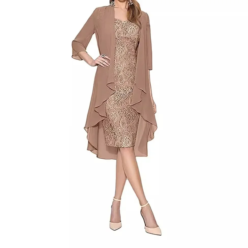 Vestido ajustado de Color liso de dos piezas para mujer, nuevo vestido largo de gasa de encaje, conjunto de ropa de moda de verano