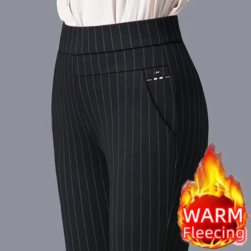 2024 Autumn/Winter Casual Elegant Office Lady Pencil Pants Thin Thick Fleece Women\'s Slim Solid Color Elastic Waist Tight Pants