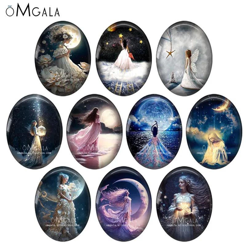 

Abstract Girls with Moon Star Paintings 10pcs 13x18mm/18x25mm/30x40mm Oval photo glass cabochon demo flat back Making findings