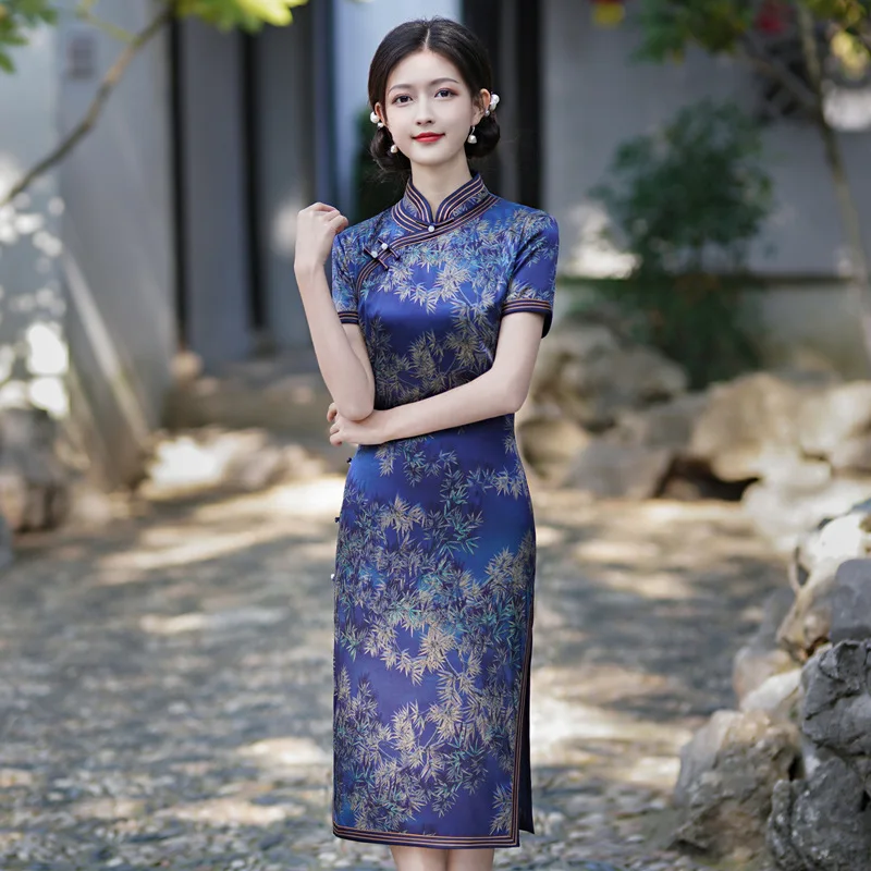 Improved Quality Real Silk Cheongsam Qipao Dress Women's High-End Heavy Mid-Length Chinese Chi-Pao