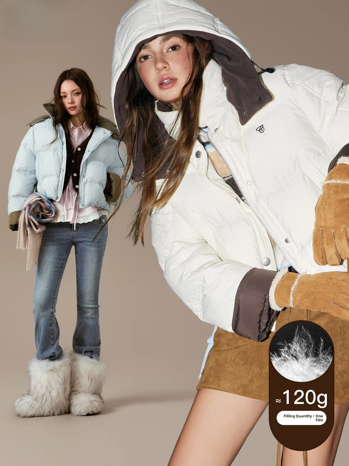 

Women's 90 Duck down Jacket Color Block Fleece Lined Inner Strap Hooded Coat Korean Style Commute Fashion Warm Thickened Coat