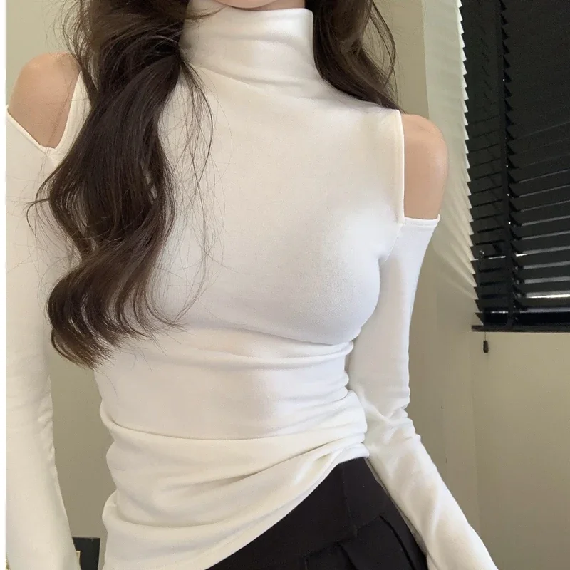 

Cross-border New Hot-selling Hollow Out Off-the-shoulder Mock Neck T-shirt for Women, Spring Slim-fit Inner Wear, Black Top, Sli