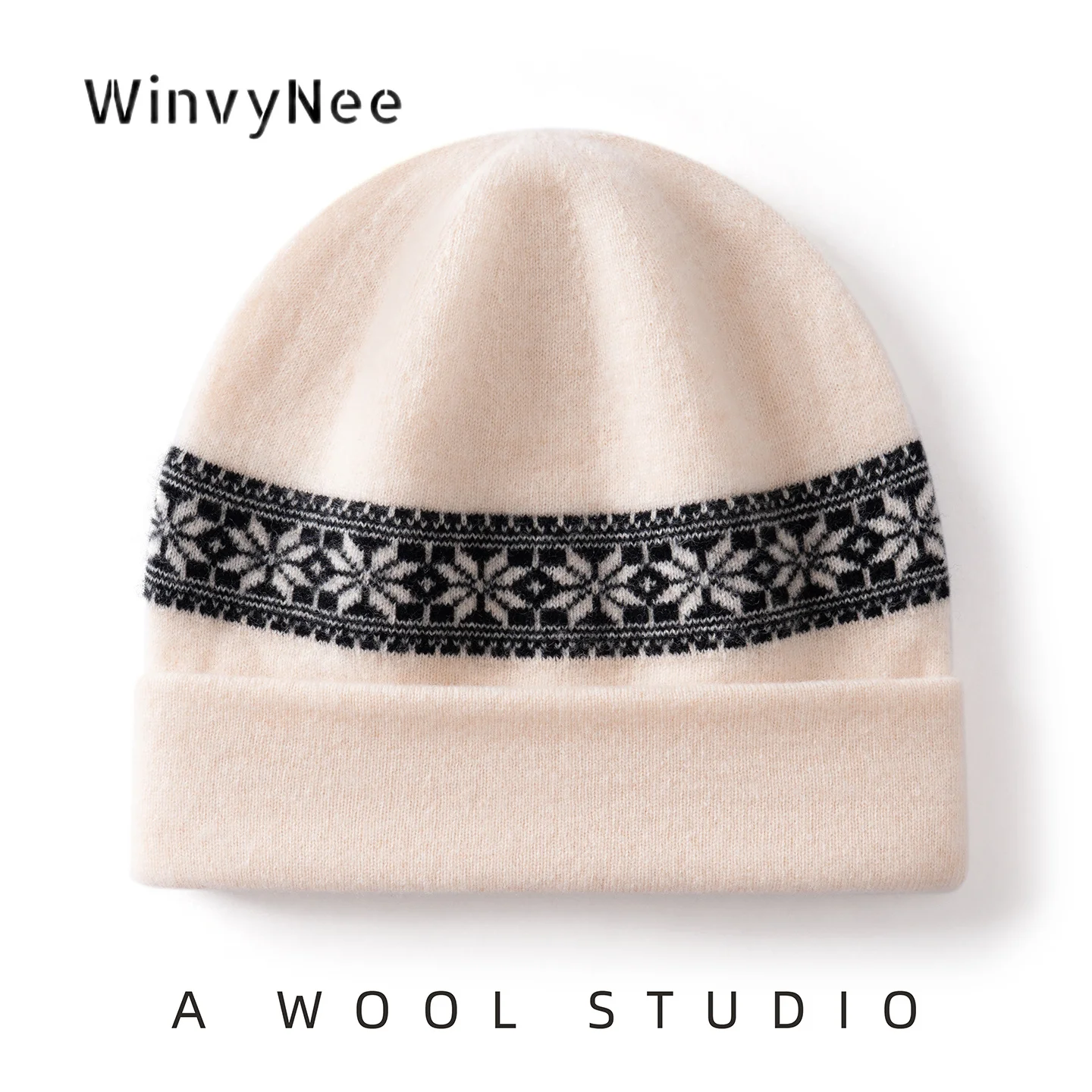 WinvyNee Women Pure Wool Thick Fair Isle Pattern Double Layer Knitted Hat Cozy Warm Trendy Soft Autumn Winter Daily ZI1883045