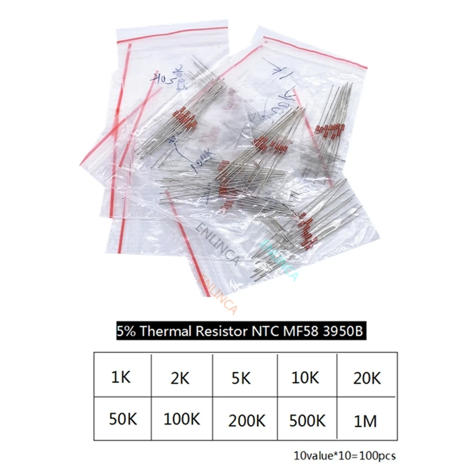 10Value kit 10value*10=100pcs Thermal Resistor NTC MF58 1K 2K 5K 10K 20K 50K 100K 200K 500K 1M 5% 3950B ohm R Thermistor Sensor