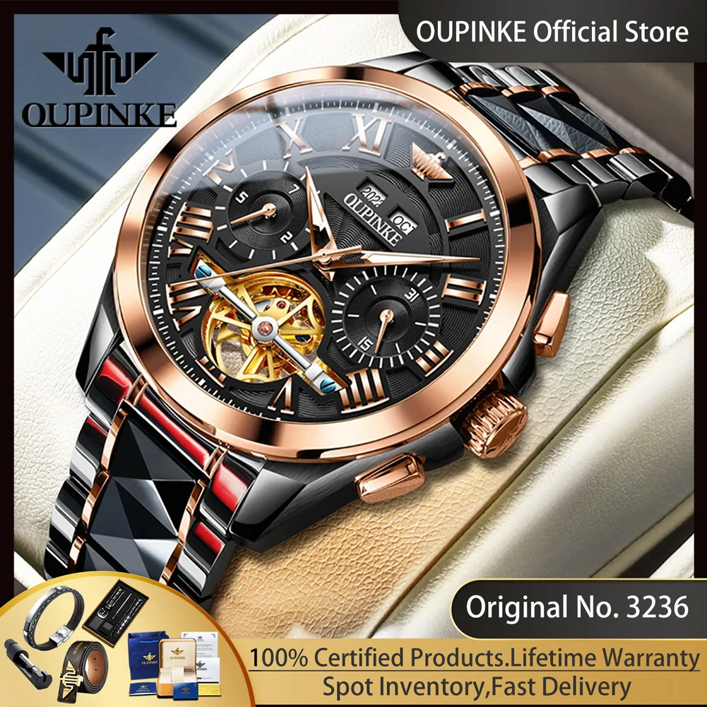 OUPINKE 3236 Top Brand Original Mechanical Watch for Men 5Bar Waterproof Luxury Skeleton Full Automatic Men's Dress Wristwatches