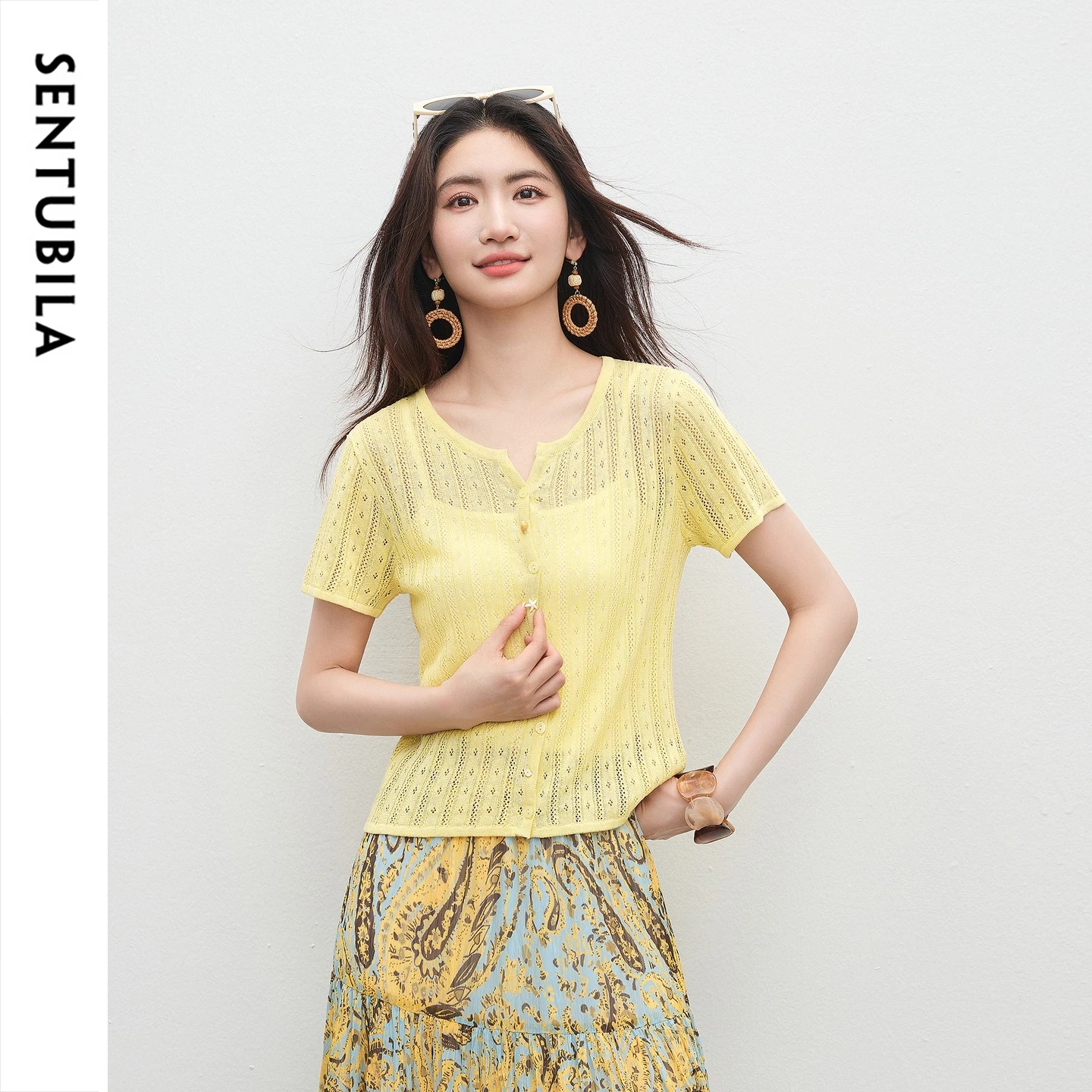 SENTUBILA Women's Yellow Knit Cardigan 2026 Summer Linen Lyocell Crew Neck Short Sleeve Elegant Tops Female Clothes W62HB7648