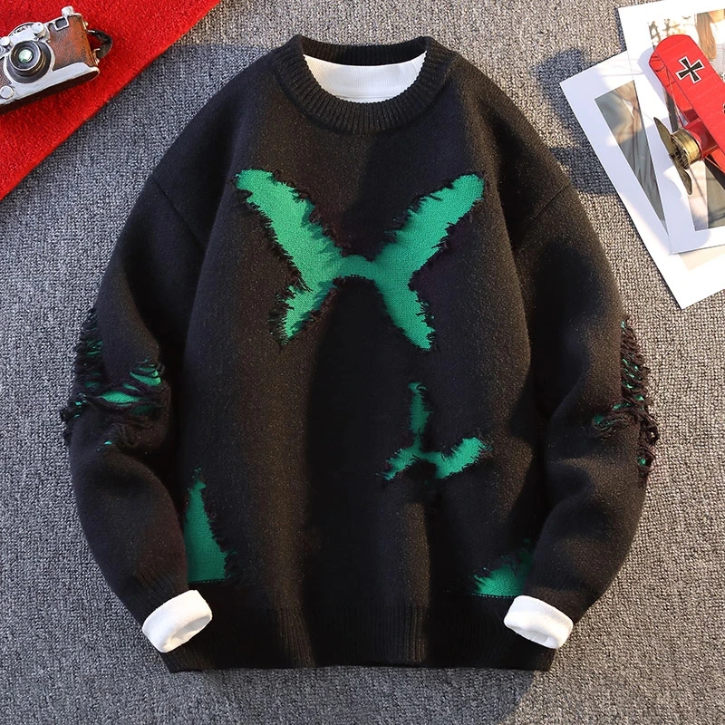 Ripped Sweater Hip-hop Street Men's Crew Neck Knit Vintage Harajuku Butterfly Fashionable Sweater Winter Long Sleeve Sweaters