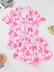 Cute bow print can be worn over women's pajama sets comfortable lapel short-sleeved tops and loose shorts women's loungewear