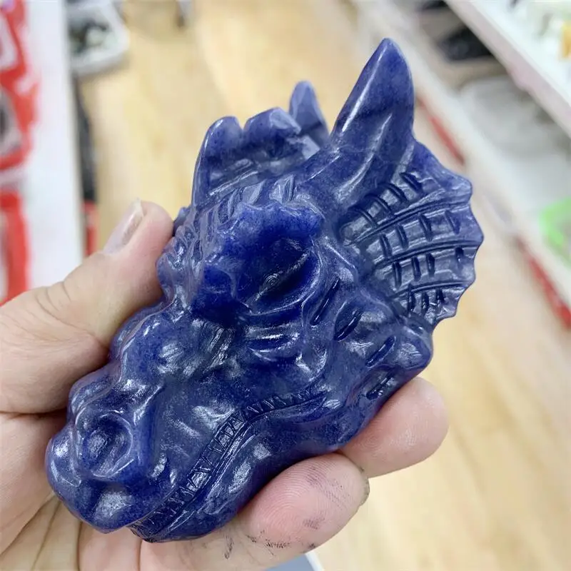 10CM Natural Blue Aventurine Dragon Skull Carving Head Animal Statue Faucet For Room Decoration Holiday Gifts 1pcs