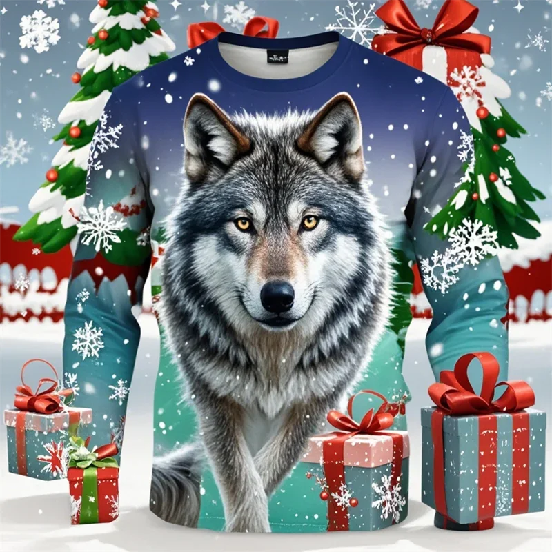 Multicolor Wolf Long Sleeve T Shirt Men Animal Forest 3D Printed Cool Loose Fashion Trendy Outdoor Novelty Casual Christmas