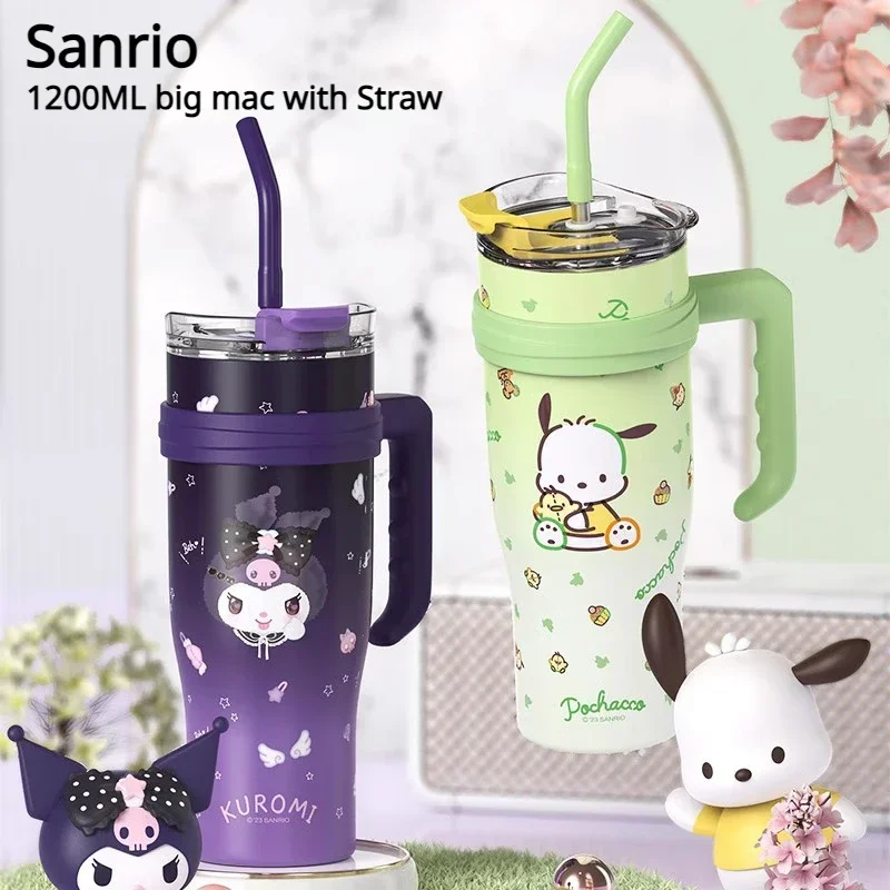 

Autumn Super Cute Sanrio My Melody Kuromi Cinnamoroll Kitty Thermal Bottle Big Mac 1200ML with Straw Thermos Mug Girls Office