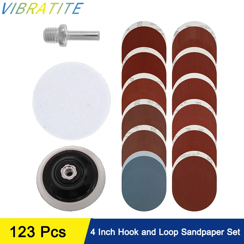 مجموعة ورق صنفرة بخطاف وحلقة مقاس 4 بوصة مكونة من 123 قطعة مع وسادة دعم لصنفرة أعمال النجارة وأشغال المعادن وتطبيقات السيارات