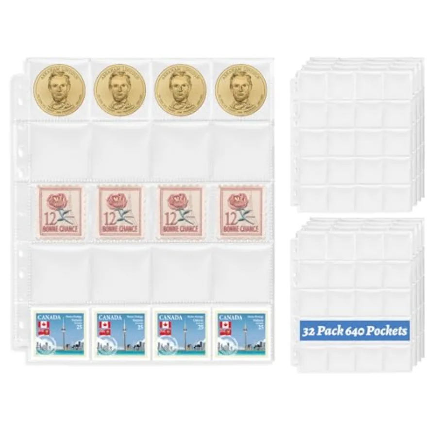 

20 страниц для монет, 32 листа, 640 карманов для монет для 2 x 2 картонных держателей для монет Ih, 11 отверстий, рукава для монет для альбома для монет Prot