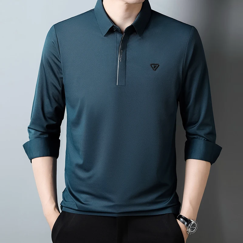 High Quality Autumn Winter Polo Shirts for Men Elasticity Long Sleeve Business Casual Collar T-Shirts