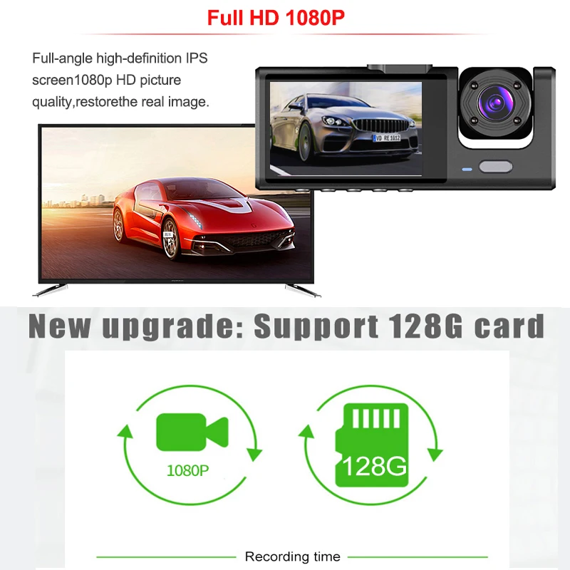 3 Channel Dash Cam for Cars Camera HD 1080P Video Recorder Dashcam DVR Black Box Dual Lens DVR with Rear View Camera for Vehicle