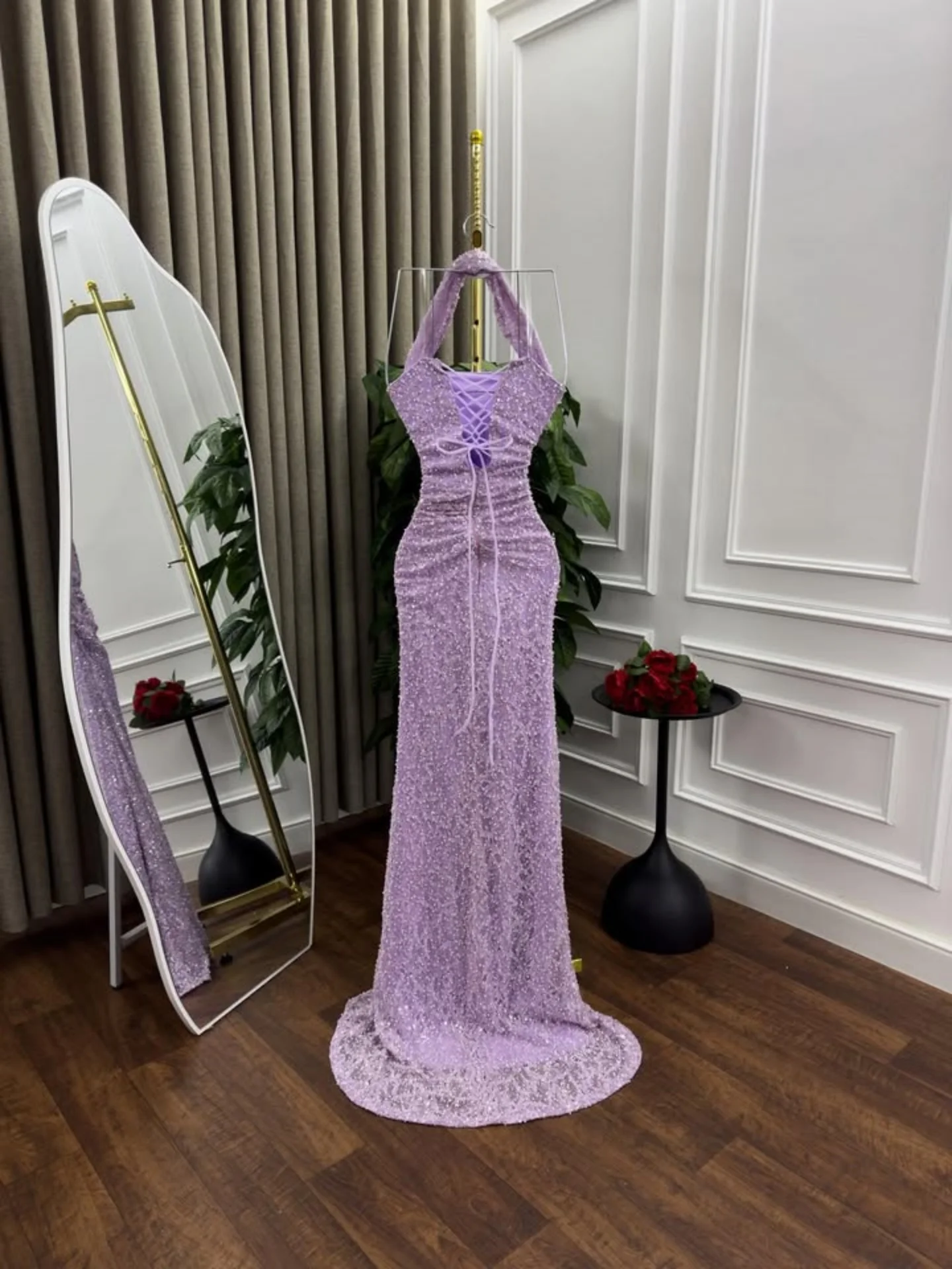 MisShow élégant licou sirène robe de soirée dentelle perles plissé taille pansement dos robes de bal gaine Train vestidos de fiesta