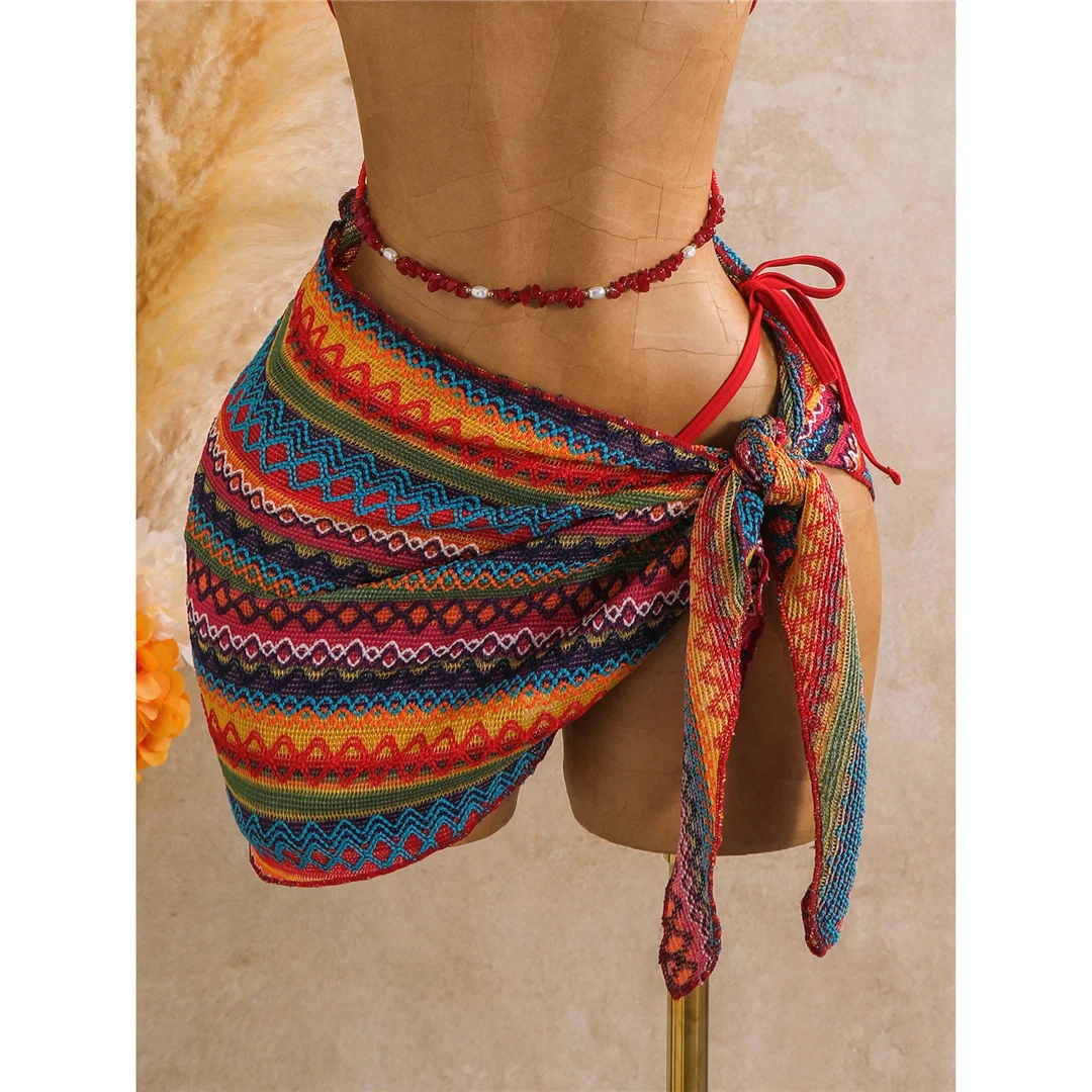 Bedruckter Bikini mit Sarong-Oberteil, Damen-Badeanzug, dreiteiliges Bikini-Set, gepolsterter Badeanzug, Badebekleidung, Modell V8332. – Detail 12