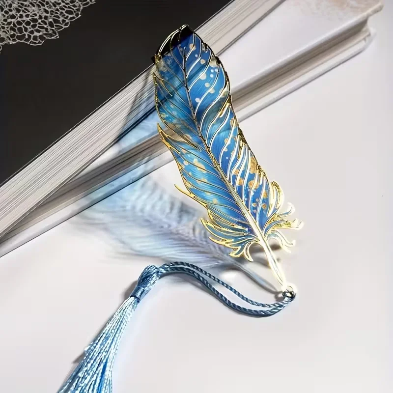Chinese Style Metal Bookmark with Translucent Peacock Feather & Tassel - Vibrant Colors, Ideal Gift for Teachers/Students image 2