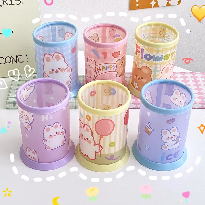 INS Cartoon Round Pen Holder Small Fresh Stationery Storage Box for Student Desktop