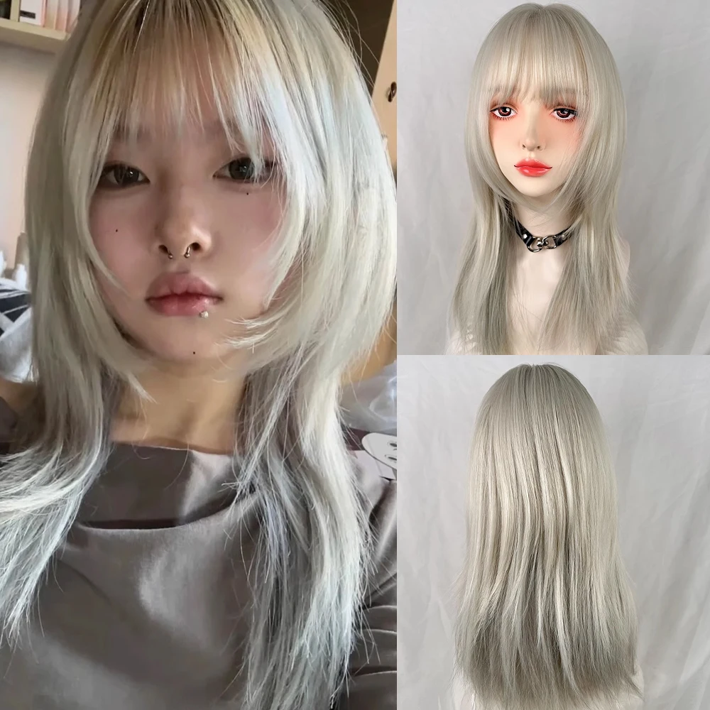 

Long Straight Synthetic Ombre Grey Jellyfish Head Wig with Bangs Fluffy Lolita Cosplay Women Heat Resistant Wig for Daily Party