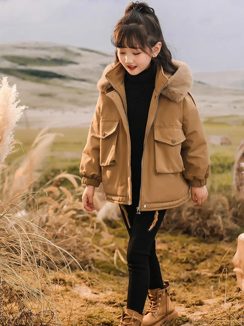 New Arrived Girls Coats Winter Fashion Children's Plus Velvet Children Hooded Jacket Outwear Faux Fur Collar Boys Clothes TR243