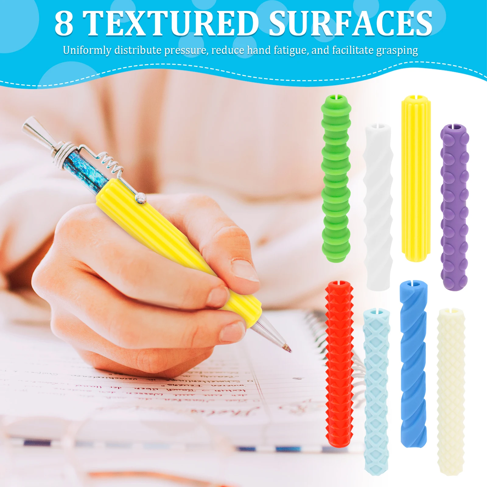 8Pcs Textured Silicone Pen Grips Children Student Pencil Aid Grip Set Reusable Sensory Pencil Sleeve Handwriting Pen Sleeve Tool