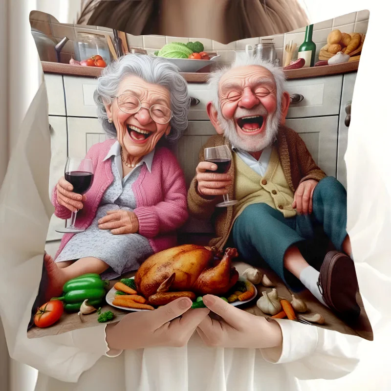 1pc Happy Grandma&Grandpa Kitchen Feast Throw Pillow Cover,Suitable for Sofa,Bedroom,LivingRoom,a Heartwarming Gift for Seniors