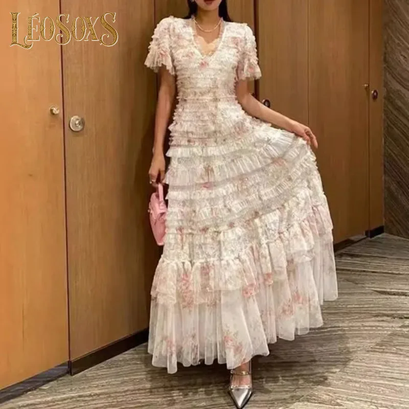 

LEOSOXS Fashion Women's Elegant Dress V Neck Long Sleeve Printing Spliced Ruffles High Waist Dresses 2025 Spring Clothing