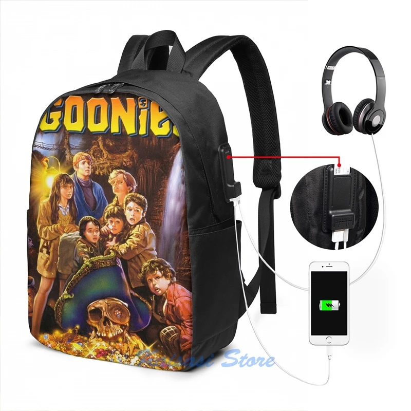 Funny Graphic print Goonies(3) USB Charge Backpack men School bags Women bag Travel laptop bag