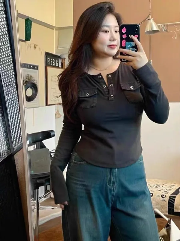 

plus Size Women's V-Neck Long Sleeve T-Shirt Simple American Style Base Layer Shirt Slimming Design Autumn New Fashion Top