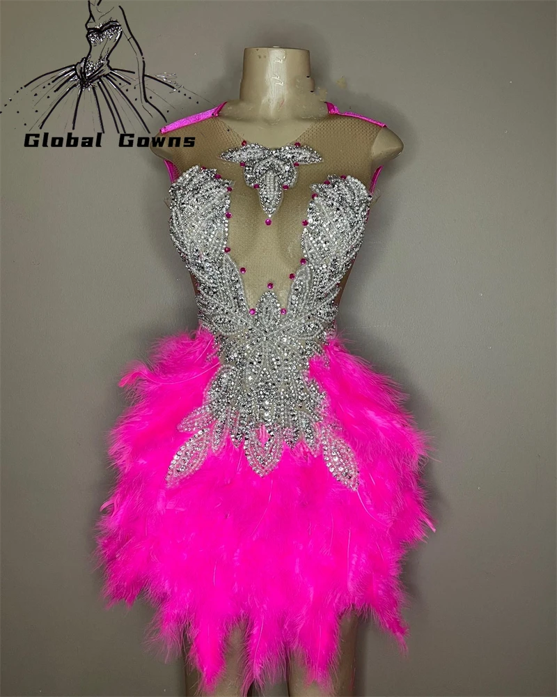 

Sexy Pink Sheer O N Short Prom Dresses Black Girl Bead Crystal Feathers Birthday Party Dress Mini Cocktail Homecoming Customized