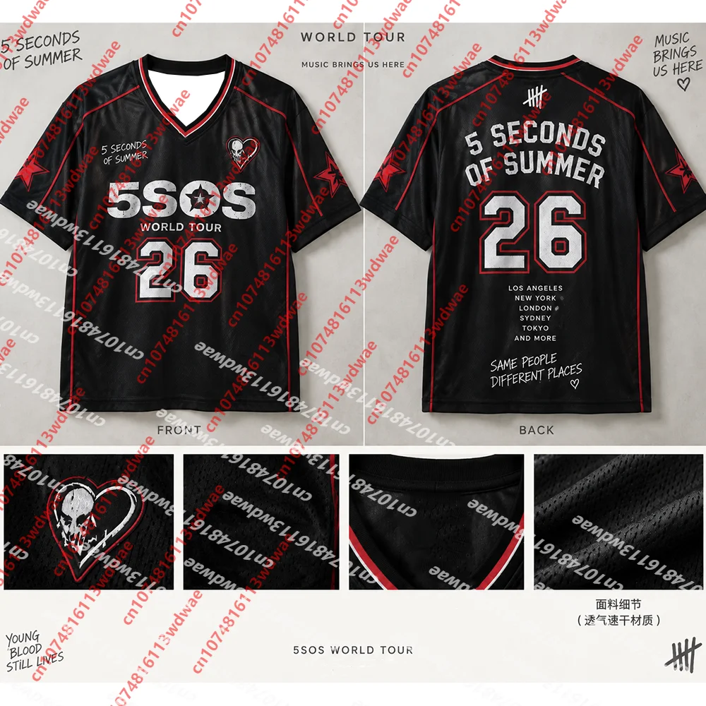 5 Seconds Of Summer 5SOS World Tour #26 Short Sleeve Hockey Jersey Unisex V‑Neck  Mesh Top For Rock Music Band Concert Fans