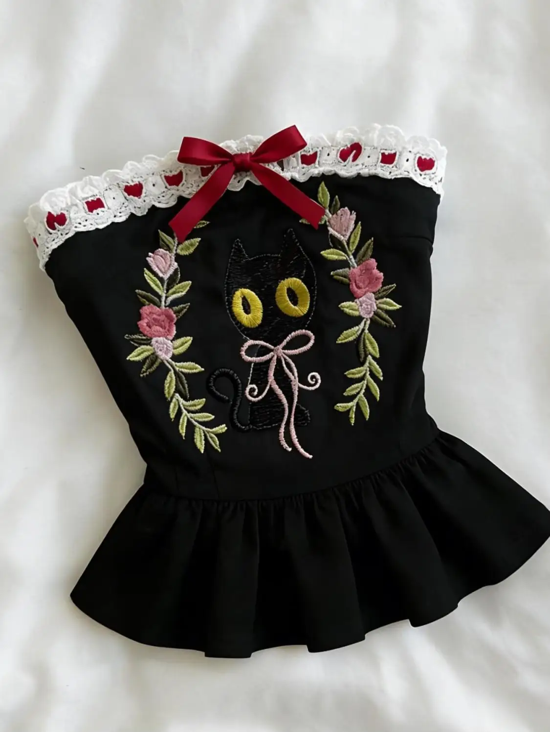 Retro-style strapless black cat print contrasting color black skirt top niche waist-cinching and slimming summer strapless top