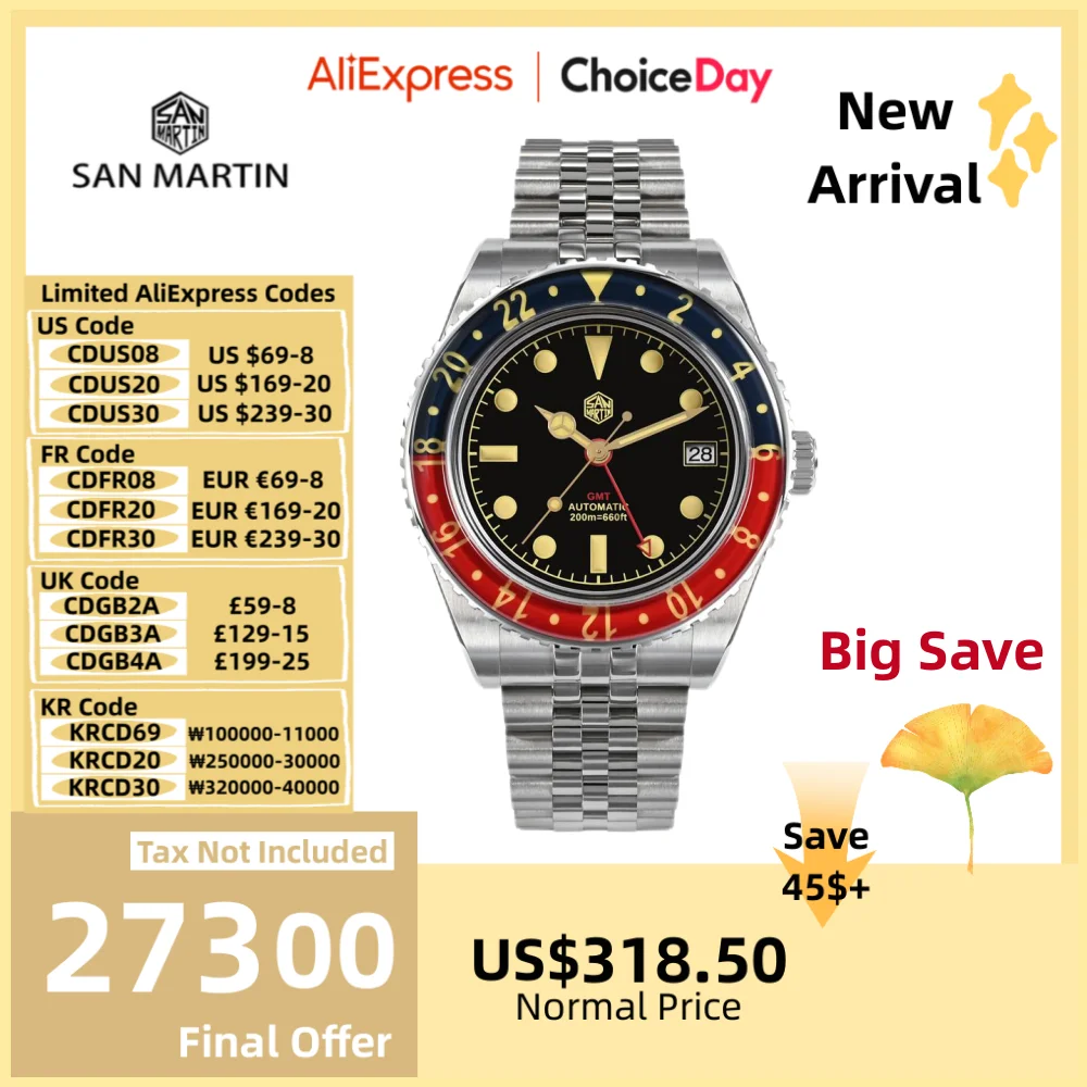 San Martin 40mm NH34 GMT Diver's Watch For Men Sapphire Bezel Jubilee Bracelet On The Fly Adjust Clasp 20Bar Saat Erkek SN0005B