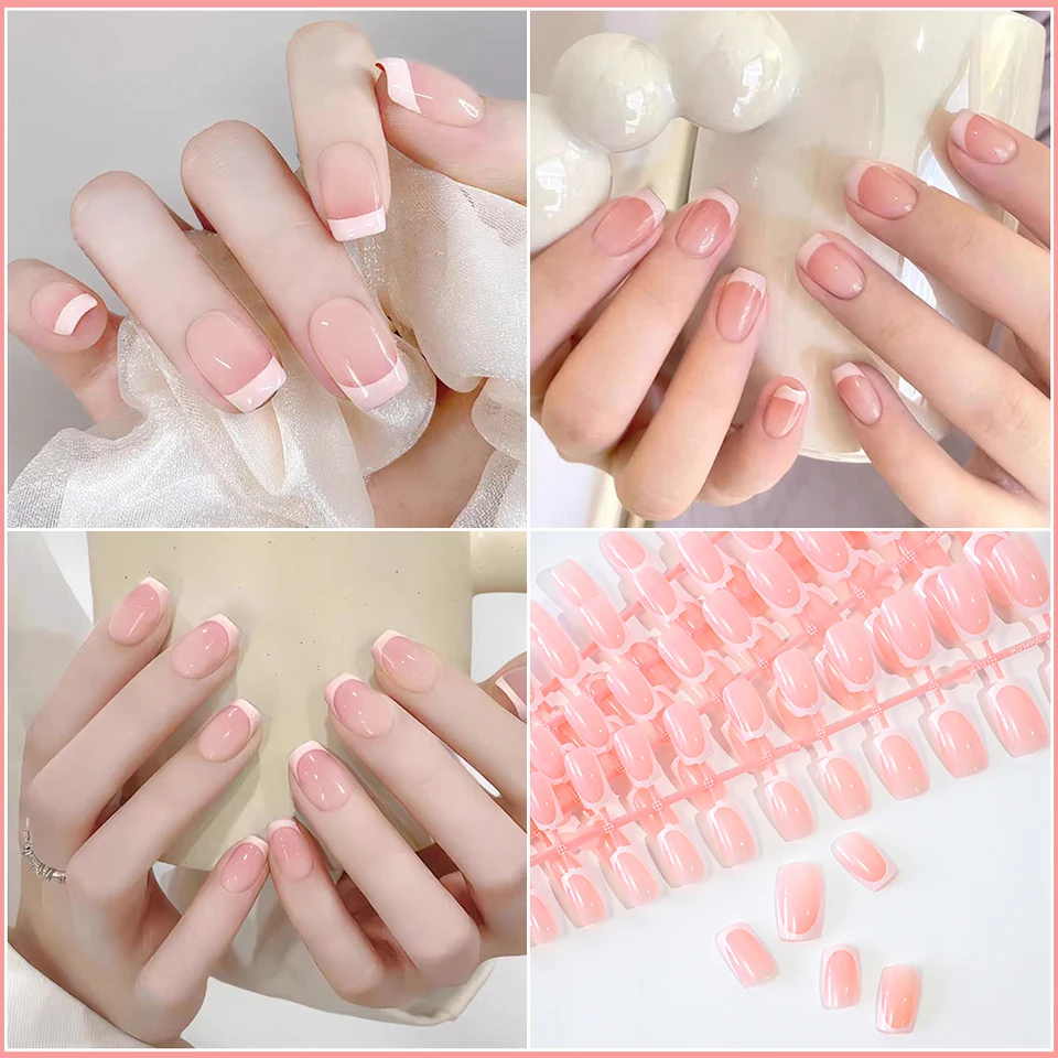120 piezas uñas postizas cortas cuadradas francesas brillantes rosas con cobertura completa uñas de acrílico con punta # 4