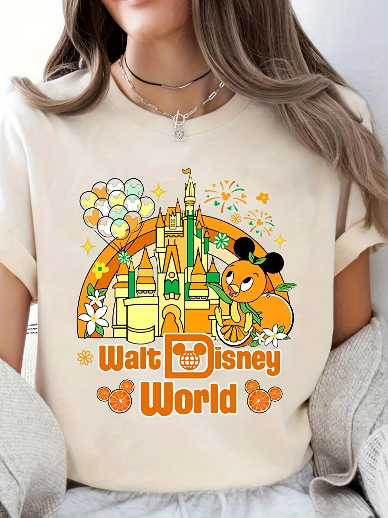 

Женская футболка в стиле ретро с мировым узором — оранжевая птица и замок Золушки, весна/лето, повседневная с коротким рукавом и круглым вырезом