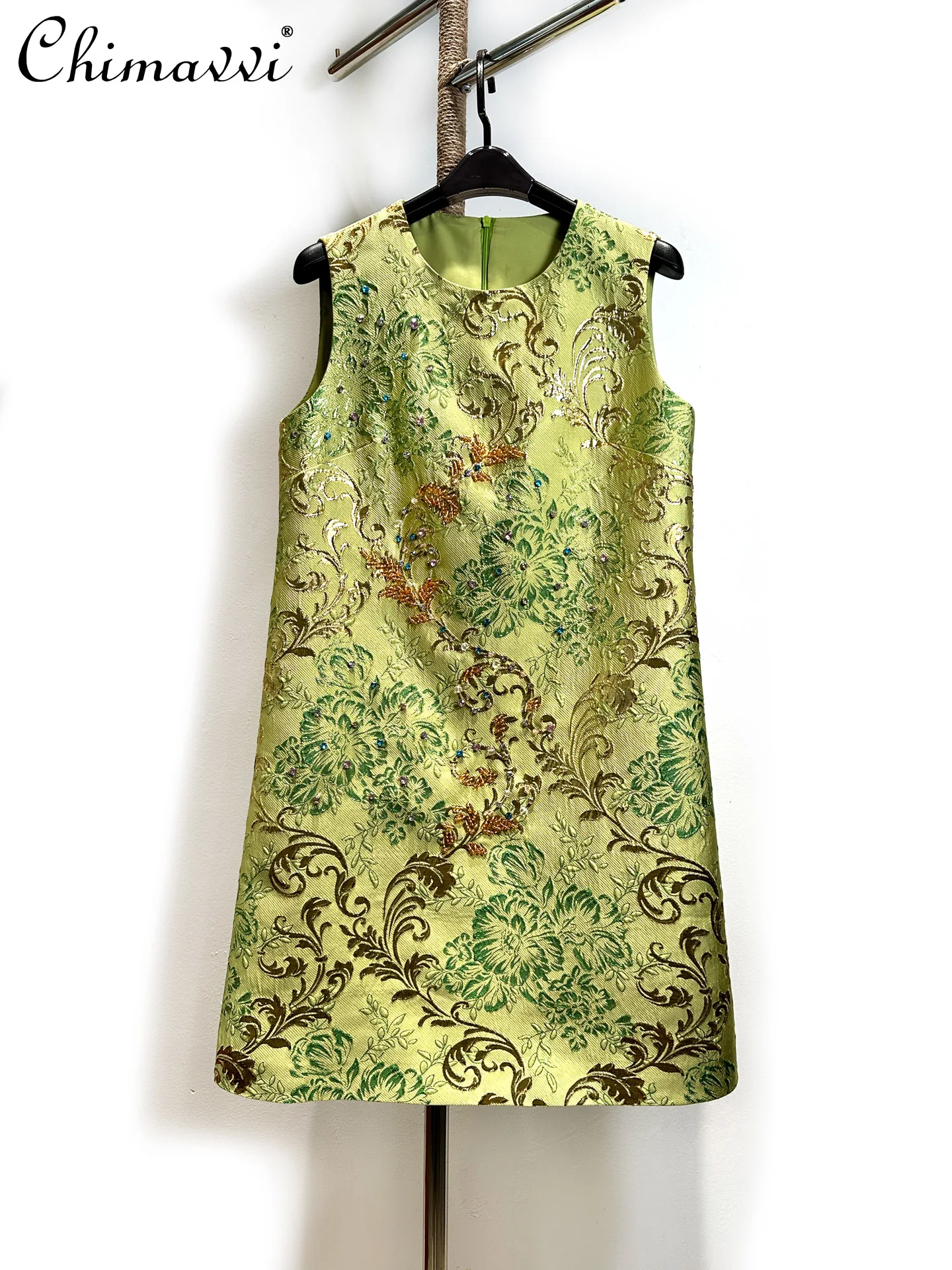 

High-end Fashion Jacquard Heavy Beaded Sleeveless A-line Dress Dress Women's Summer New Luxury Retro Slim Elegant Short Dress